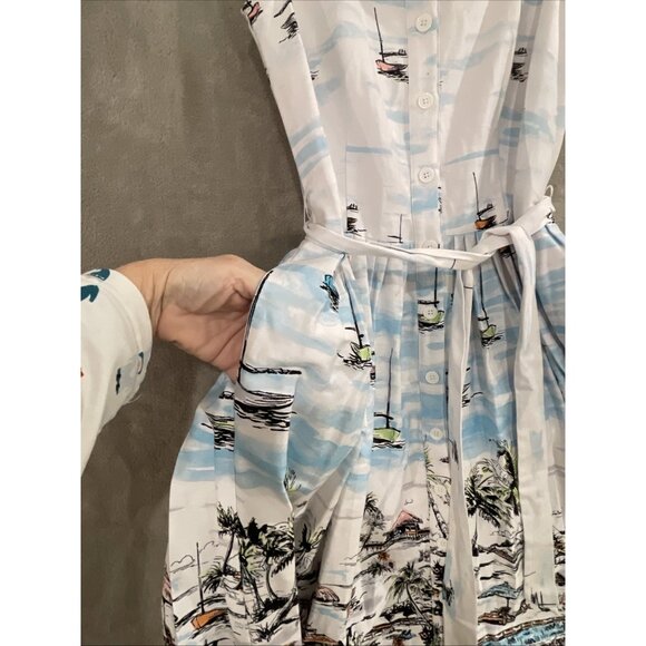 LF LESLIE FAY RETRO WATER COLOR ISLAND PRINT SLEEVELESS SHIRT DRESS WOMEN SZ 10 - Picture 6 of 16